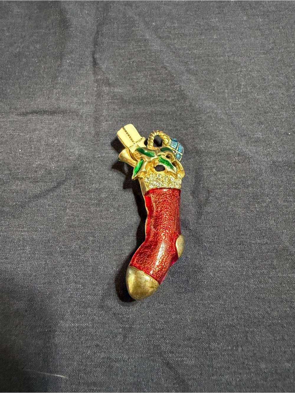 Festive Red Christmas Stocking Pendant - Gold Tone